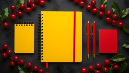 Bright Stationery Set Featuring Notebooks, Pens, and Winter Berry Decoration
