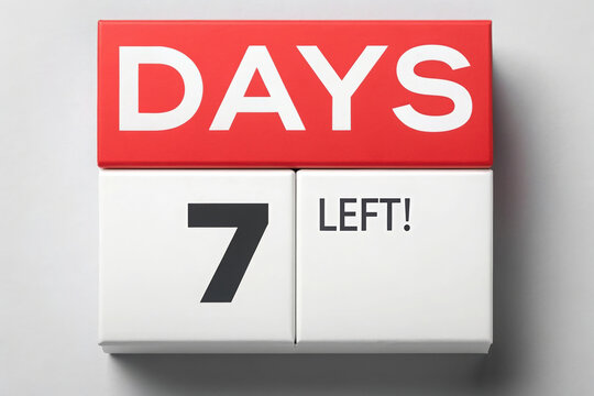 7 Days Left Block Calendar with Red Header and Bold Black Number on White Background for Countdown