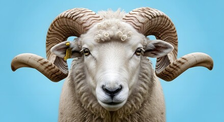 A close-up portrait of a ram with impressive, curved horns, looking directly at the viewer.