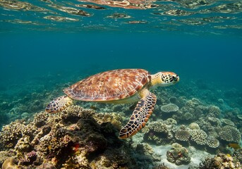 Fototapeta premium Underwater scene of a graceful sea turtle swimming above a coral reef, sunbeams shining from surface, vibrant marine life, detailed shell texture, crystal water.