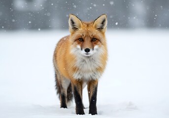 Fototapeta premium Playful red fox standing in fresh winter snow, bright eyes looking at camera, thick fur in sharp detail, soft snowfall and blurred forest in background. 