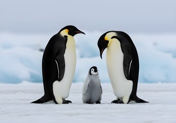 Pair of emperor penguins standing on snow with chick between them, soft morning light, Antarctic landscape, high detail on feathers and beaks, gentle colors.