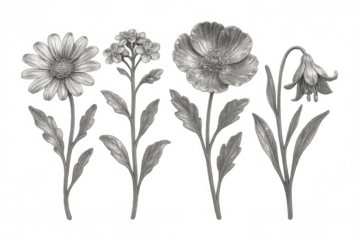 Pencil drawing featuring various wildflowers including daisy, poppy and aquilegia on transparent background