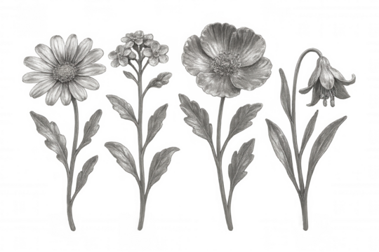 Pencil drawing featuring various wildflowers including daisy, poppy and aquilegia on transparent background