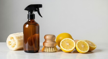 Amber spray bottle with loofah brush lemons and ginger on white cleaner natural