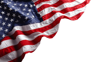 Close up of the american flag waving with stars and stripes isolated on transparent background