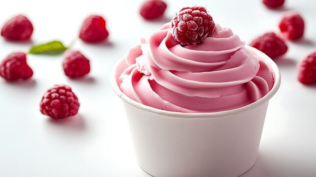 Swirled pink raspberry ice cream in a white cup with a single raspberry on top and scattered berries - Powered by Adobe