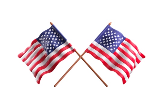 Two american flags crossed isolated on transparent background