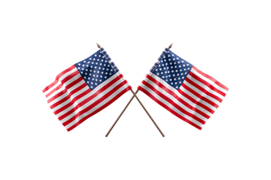 Two american flags crossed isolated on transparent background