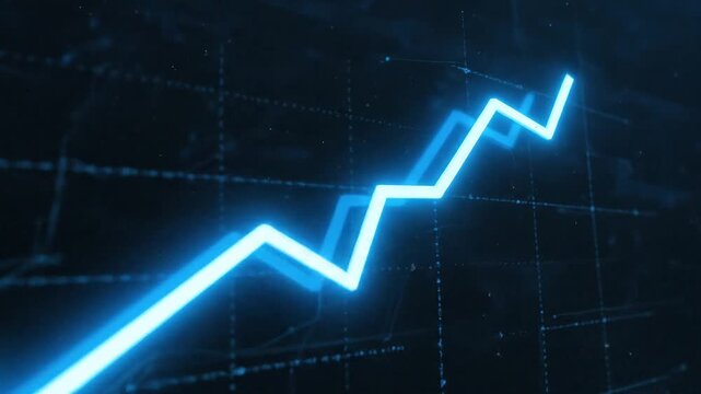 Animated bright blue line graph showing upward trend and financial success in digital data visualization