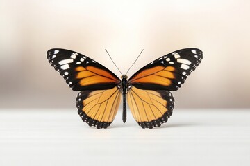 Fototapeta premium Butterfly's delicate dance: An exquisite monarch butterfly showcases its vibrant orange and black wings, resting gracefully on a surface, embodying natural elegance. 