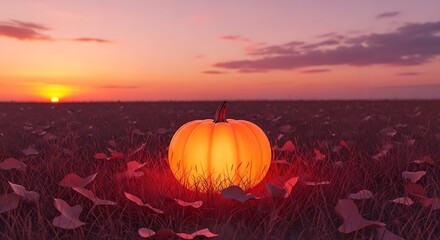 Enchanting autumn scenery with a glowing pumpkin at sunset in a field of leaves
