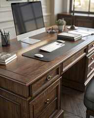 Modern home office with a luxury wood desk, computer, and contemporary chair in a bright, empty room with a window and wood floor
