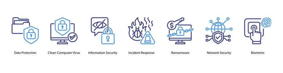 Malware and Network Security web banner icon vector illustration featuring Data Protection, Clean Computer Virus, Information Security, Incident Response, Ransomware, Network Security, and Biometric.