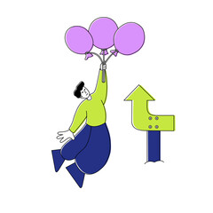 Modern Flat Line Style Man Flying with Balloons and Arrow Illustration