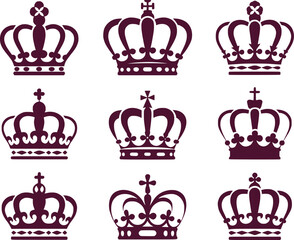 Collection of Royal Crown Designs Embodying Regal Power Symbolizing Monarchy with Intricate Details and Elegant Shapes Emphasizing Majestic Authority and Ornamental Aesthetics