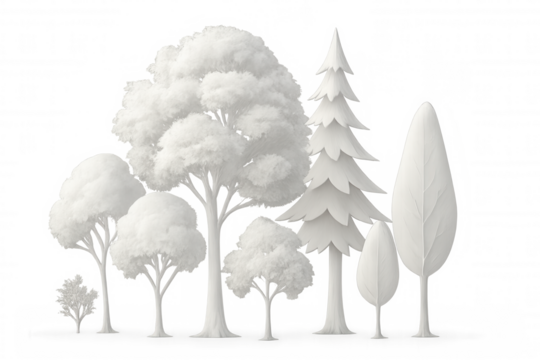 White stylized 3d trees creating a simple and elegant composition on a transparent background, ideal for environmental or architectural projects
