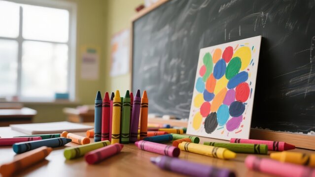 Colorful crayons scattered near blackboard, a playful burst of creativity in learning