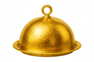 Golden serving dish with dome lid, isolated on transparent background, perfect for catering and hospitality visuals