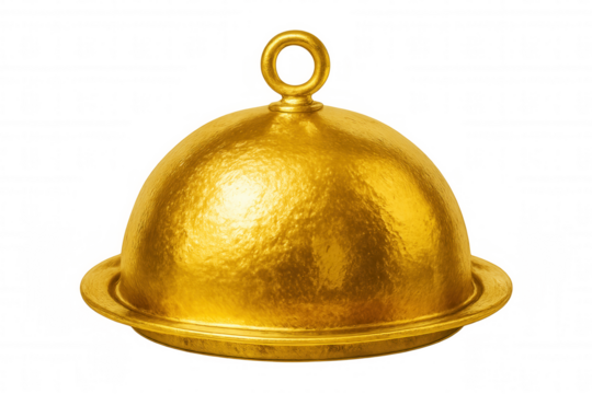 Golden serving dish with dome lid, isolated on transparent background, perfect for catering and hospitality visuals - Powered by Adobe