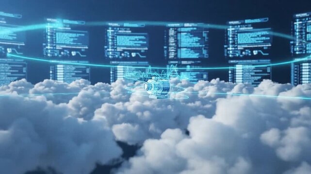 Cloud computing concept with a futuristic machine, data visualization, and network connections in a digital landscape.
