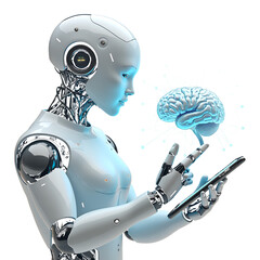 Naklejka premium Futuristic android interacting with digital brain and smartphone isolated on a transparent background