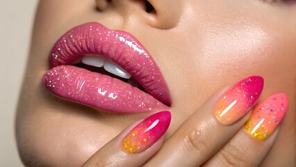 Naklejka premium Lips and nails dipped in glitter gloss with neon splash background