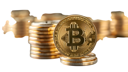 Golden Bitcoin coins stacked high, symbolizing digital currency wealth and investment potential.