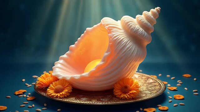 A glowing conch shell placed on a traditional brass plate with marigold flowers and rice grains, surrounded by soft golden light rays on a deep blue background.