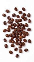 Scattered roasted coffee beans on a white background