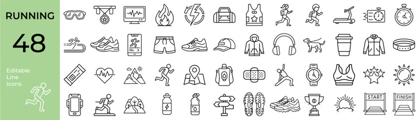 Running & Sports Icon Set — 48 Minimal Line Symbols for Training and Competitions
