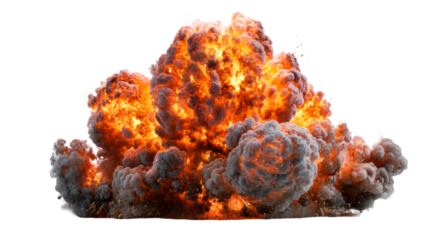 Powerful fiery explosion with smoke and debris scattering upwards, cut out transparent