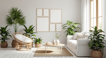 Living room interior with white sofa, wicker chair, coffee table, and multiple potted plants arranged around blank picture frames on the wall.