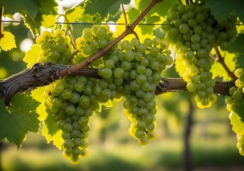 Fresh Green Grapes Hanging on Vine in Morning Light