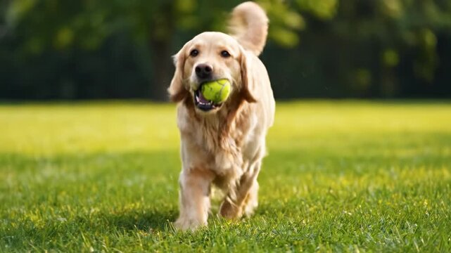 Golden retriever joyfully running across grassy field with tennis ball in mouth, showcasing playful energy in sunny outdoor park with vibrant green background