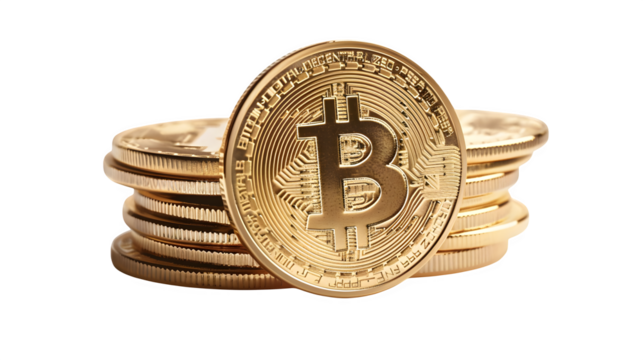 Golden Bitcoin coins stacked high, symbolizing financial growth and digital currency investment opportunities