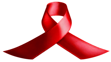 Red awareness ribbon with textured fabric and stitched edges against a white background, cut out transparent
