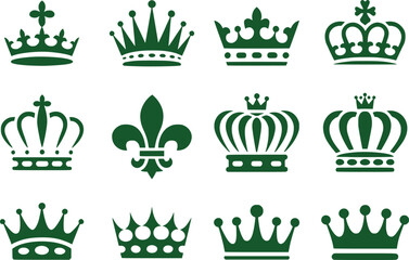 Royal Symbolism Displayed Twelve Emerald Green Crown Silhouettes and Fleur de Lis for Heraldry Design Elements and Decorative Art