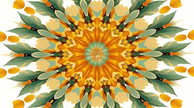 An abstract pattern of interwoven mango leaves, marigolds, and mouse silhouettes forming a radial mandala design in gold and green tones.
