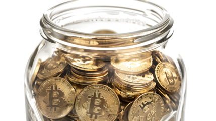 Secure your digital wealth with a glass jar overflowing with gleaming Bitcoin coins, a symbol of future prosperity.