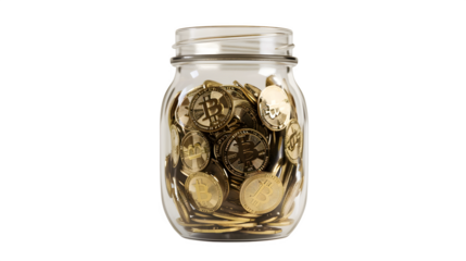Secure your digital wealth with a full jar of gleaming gold Bitcoin coins, a symbol of financial growth and future investment.