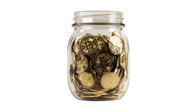 Secure your digital wealth with a full jar of gleaming gold Bitcoin coins, a symbol of financial growth and future investment.