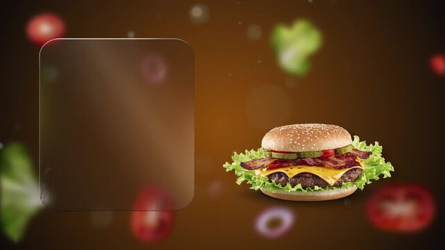 Grilled cheeseburger food commercial with modern flow - includes a glowing glass board for any promo, menu name or logo