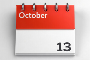 A Red October Calendar Displaying the 13th Day with Metal Rings and a Clean, Modern Design on White Surface