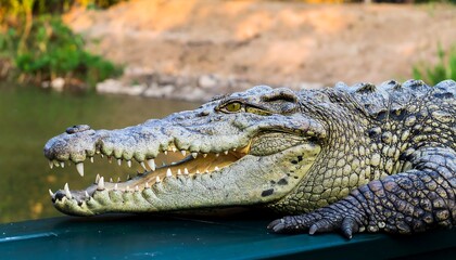 Fototapeta premium Crocodile basks beside water
