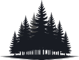 Fototapeta premium Silhouette of a dense group of pine trees, creating a serene and natural scene with a variety of tree sizes and shapes