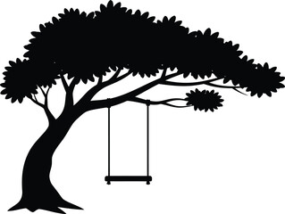 Silhouette of a tree with a swing hanging from a branch, evoking a sense of childhood, nature, and peaceful relaxation in a serene landscape