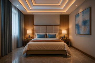 Serene Bedroom Interior: A tastefully designed bedroom radiates tranquility, featuring soft lighting, elegant textures, and a serene ambiance, inviting relaxation and comfort.