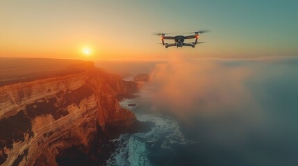 Drone flying over cliffs at sunset with ocean and fog view