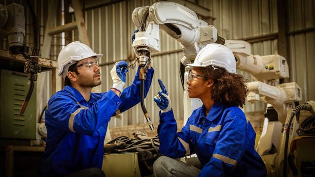 Electrical engineer testing artificial intelligence robot arm at high technology research manufactue with equipment. Factory workers working with adept robotic arm.